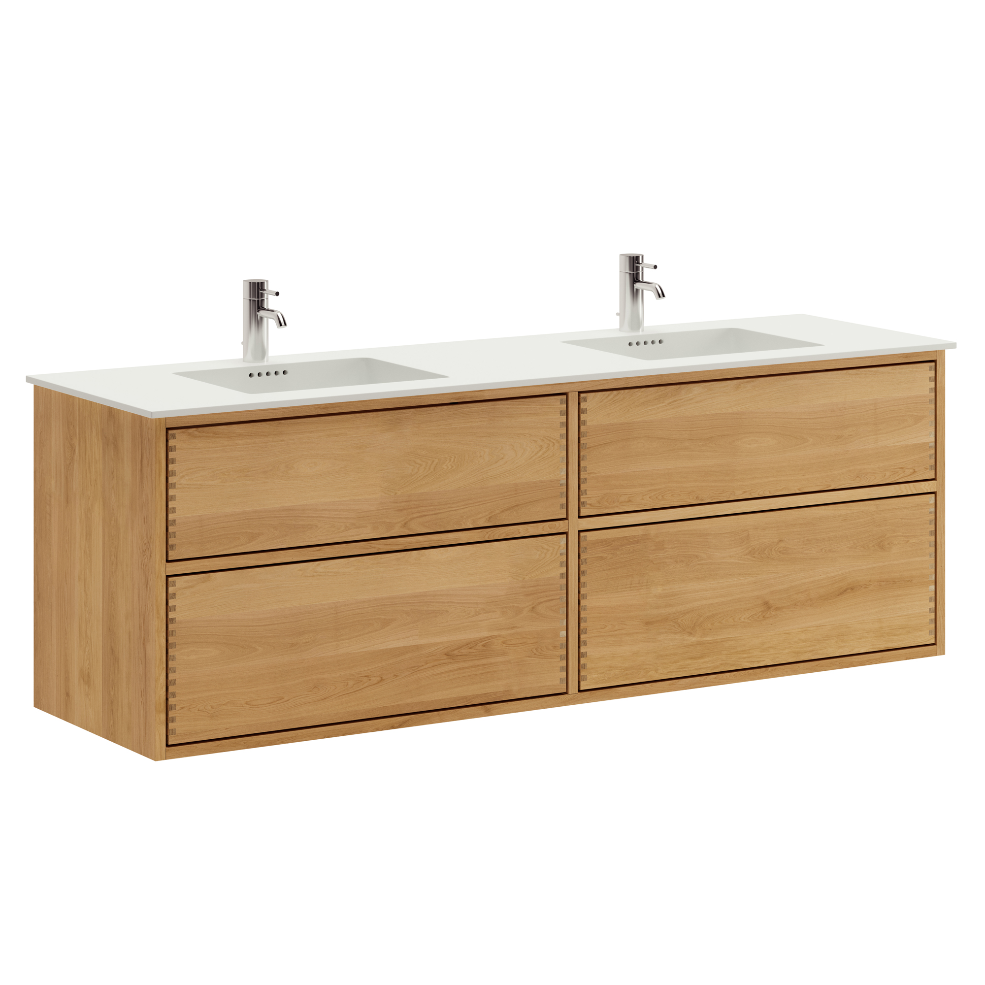 160 cm Naturoljeret Just Wood Push badrumsmöbel med 4 lådor och Solid Surface bänkskiva - Dubbelvask