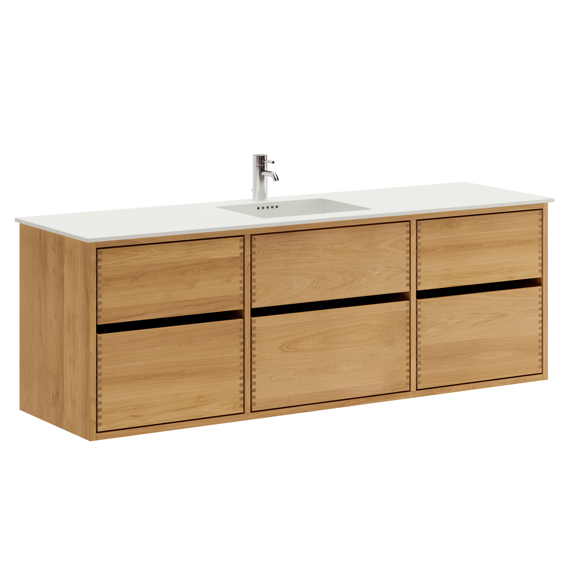 160 cm Naturoljeret Just Wood Original badrumsmöbel med 6 lådor och Solid Surface bänkskiva