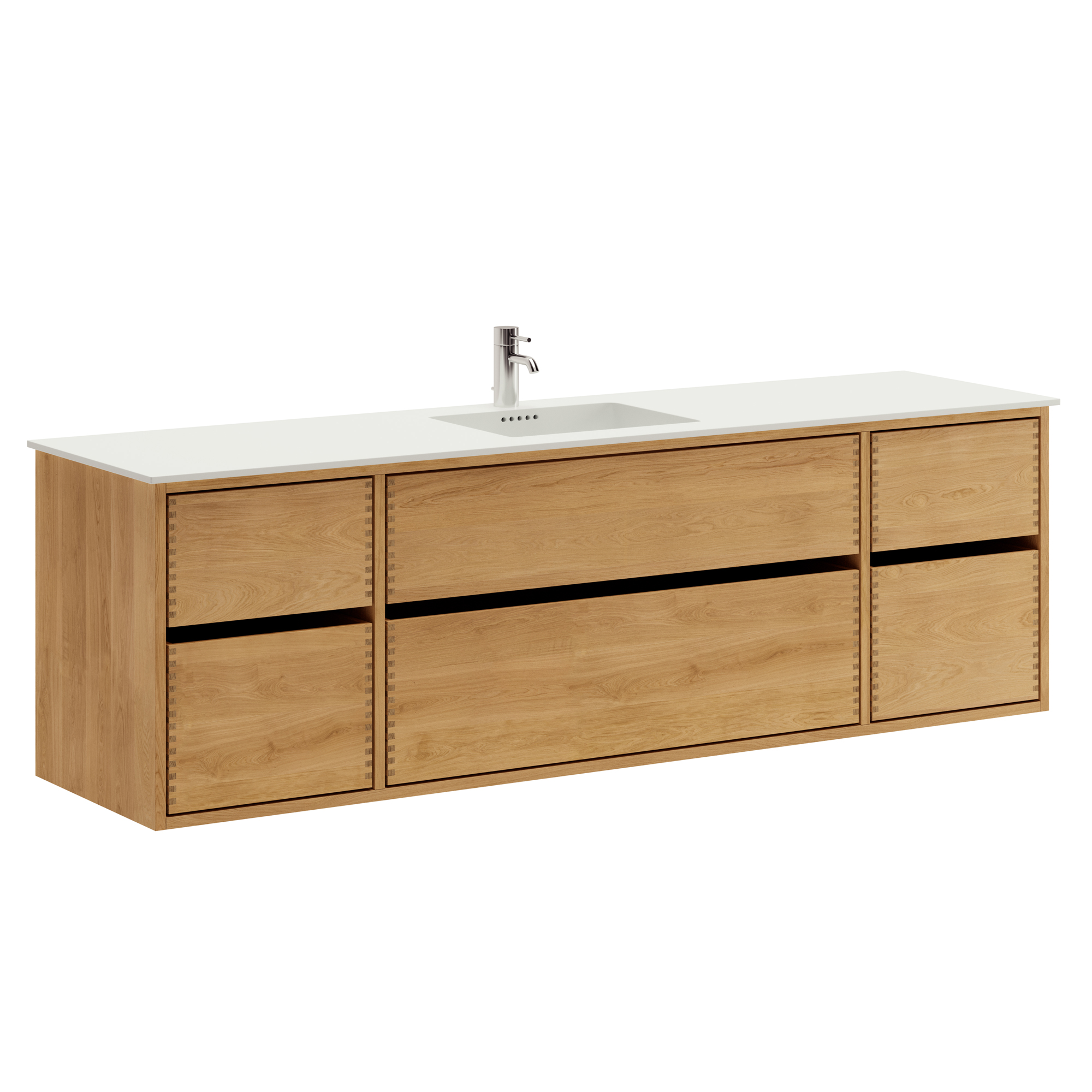 180 cm Naturoljeret Just Wood Original badrumsmöbel med 6 lådor och Solid Surface bänkskiva